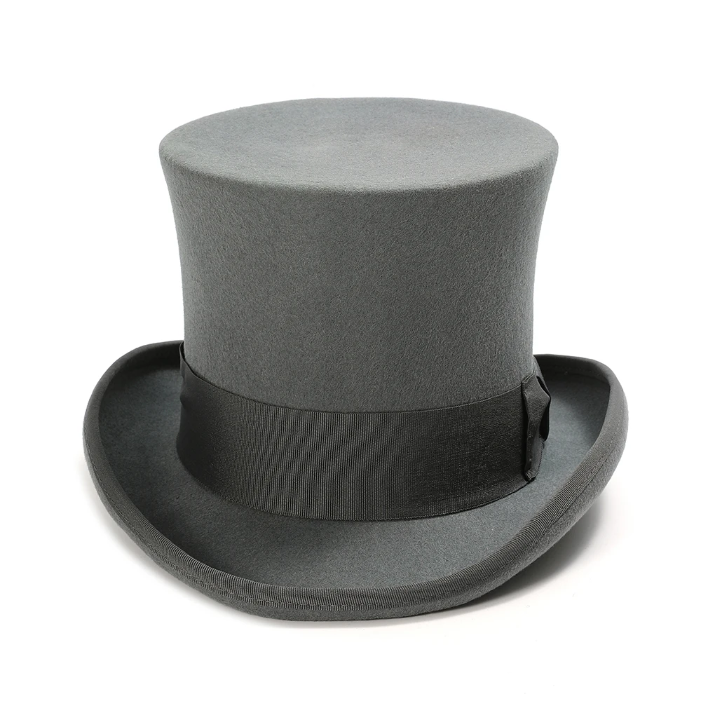 British Fedora Wool Felt Tall Gray Top Hat Men High Quality Satin Lined Cylinder Hat 18 cm