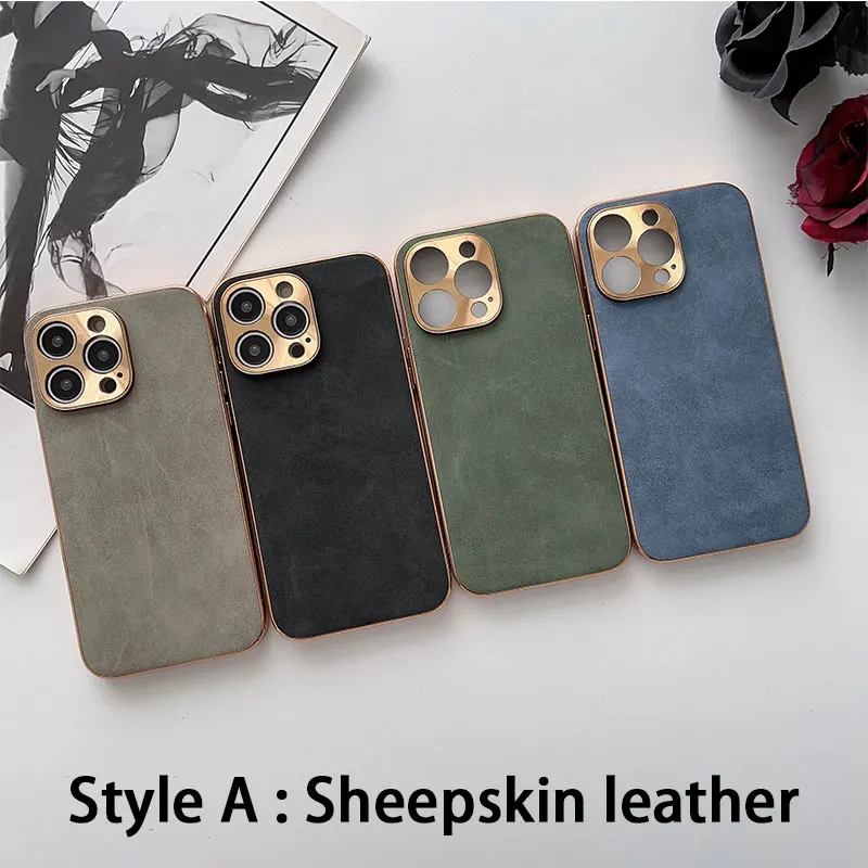 Leather Phone Case For Iphone 13 11 12 14 15 16 ProMax Plus Electroplated Frame Lambskin Phone Shell For IPHON13 14 15 16 Promax