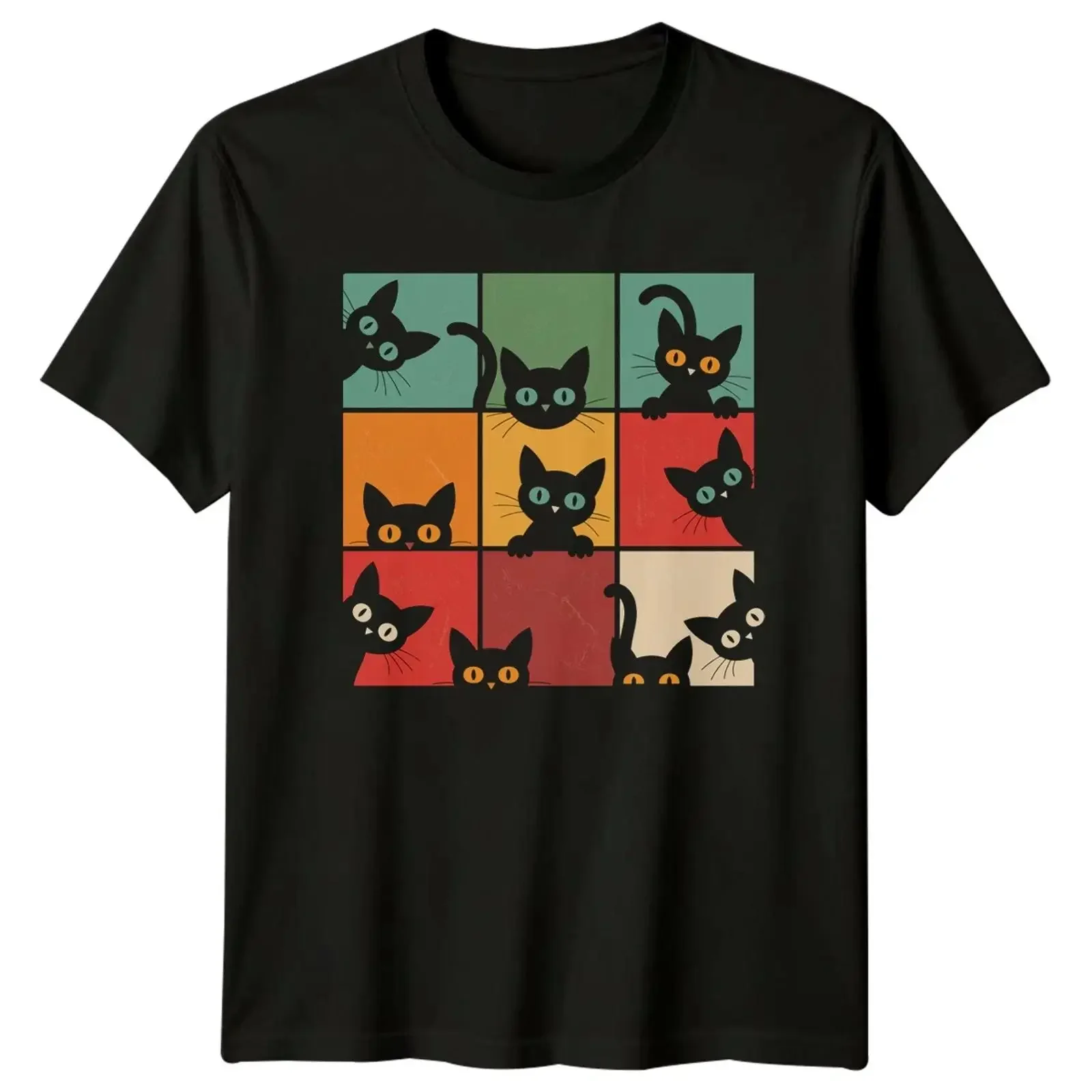 Funny T Shirt Peeking Cat Grid Kitten Retro for Him and Her vintage Washed Top For Everyday Wear homme graphic streetwear