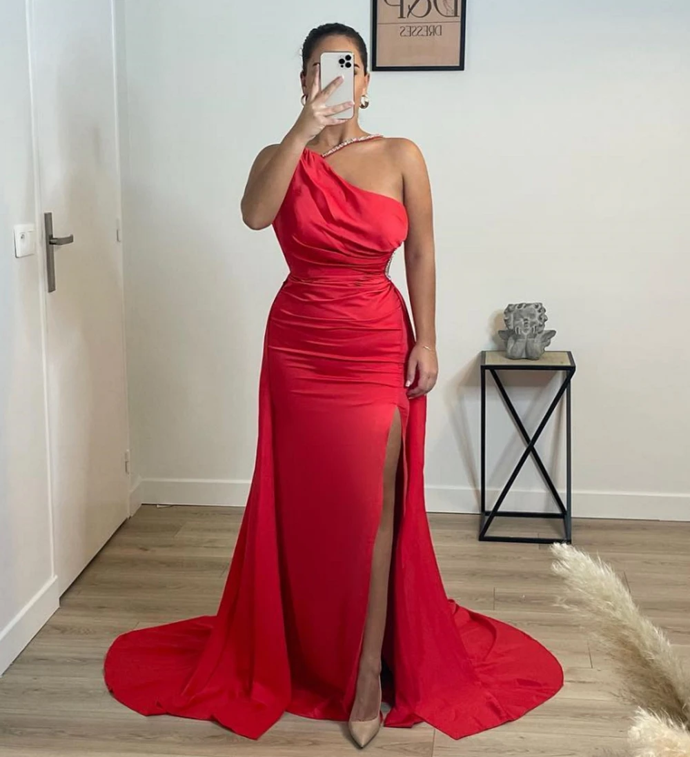 One-Shoulder ชุดราตรีโอกาสชุด Mermaid พรรค Vestidos ผู้หญิง Elegant ซาตินแยก Ruched ชุดราตรี