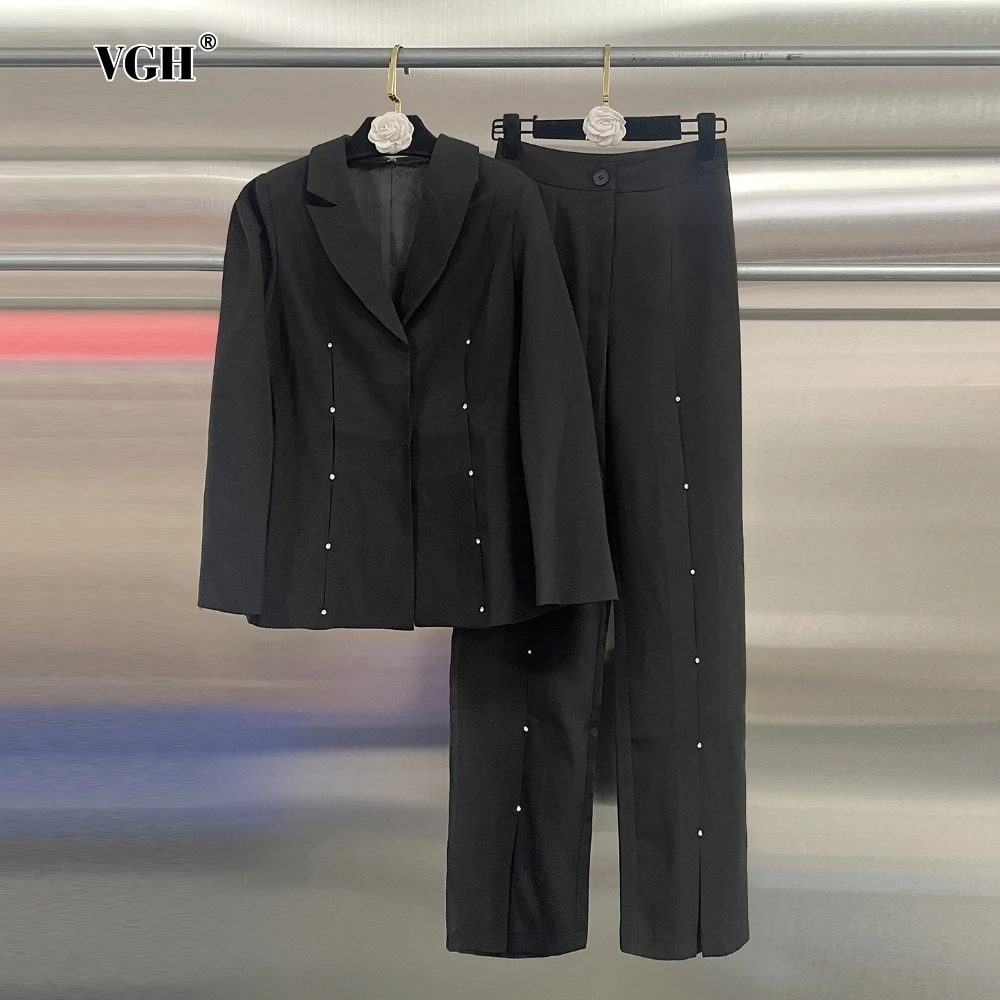 

VGH Office Spliced Diamond Two Piece Set for Women Lapel Long Sleeve Coat High Waist Straight Leg Pants Sets Femlae Summer New