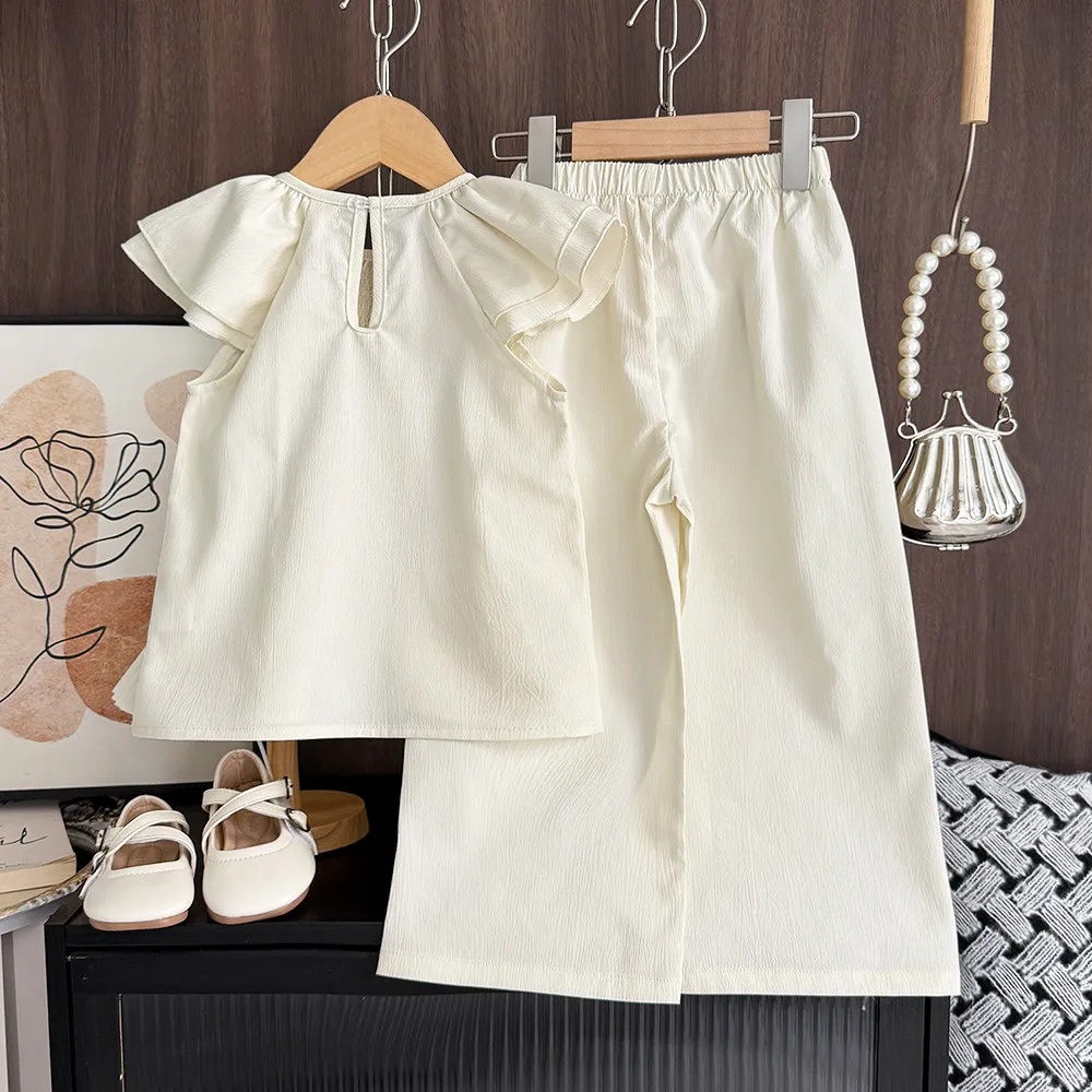 Summer Fashion Casual Kids Clothes Short-sleeve O-Neck Top + Pants 2 Pcs Set 3-7 Years Girls Simple Solid Color Outfit