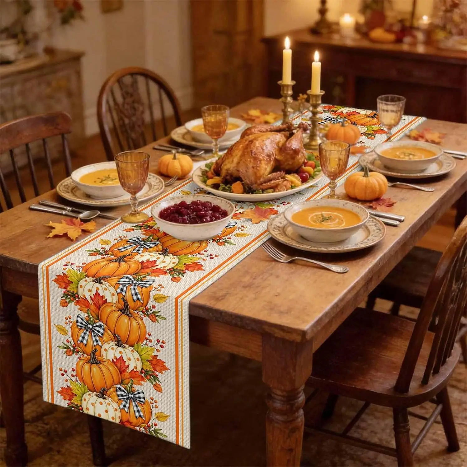 Fall Thanksgiving Pumpkins Linen Table Runner Home Decor Autumn Maple Leaf Berry Kitchen Dining Table Runners Autumn Decorations