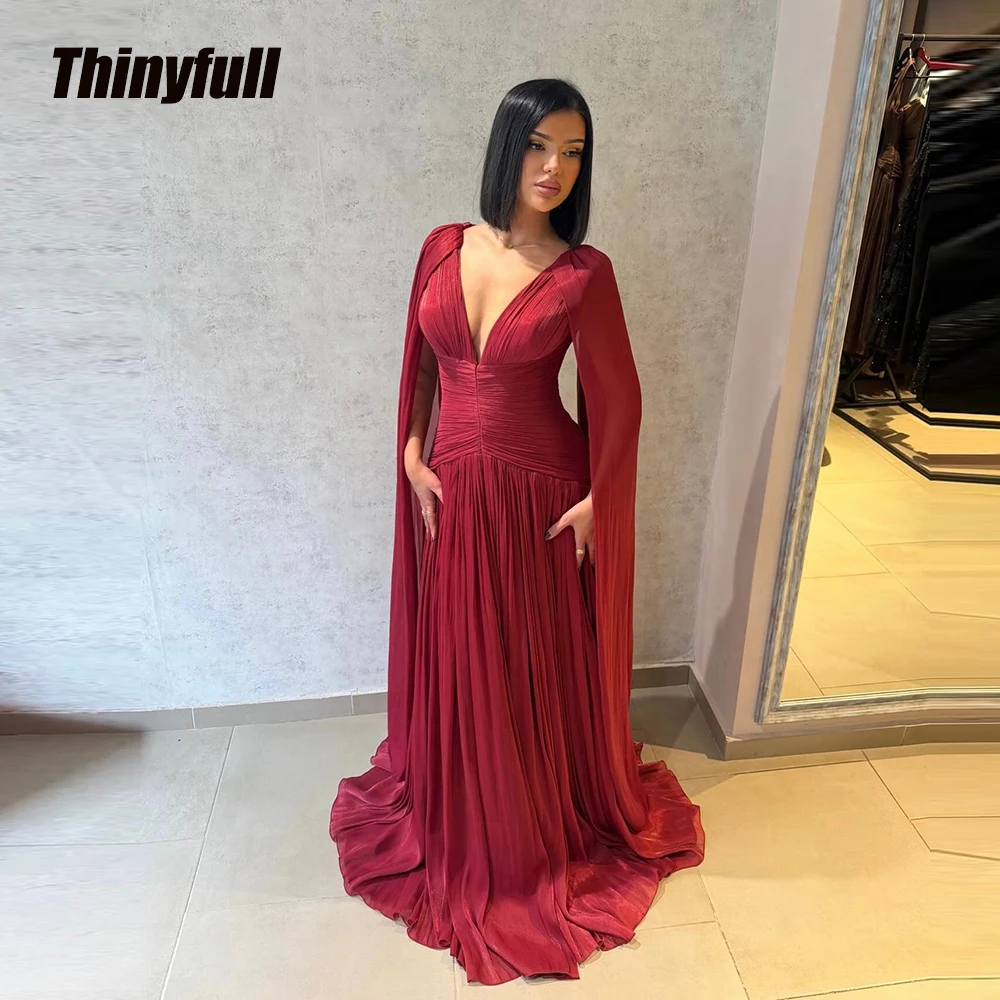 

Thinyfull Arab Shiny Satin Prom Dresses V-neck Cap Sleeves Evening Gown Long Dubai Formal Dress robes de soirée Customized