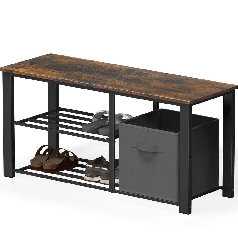 

Двухуровневая скамья для обуви с деревянной столешницей и ящиками для хранения, цвет: рустик-коричневый