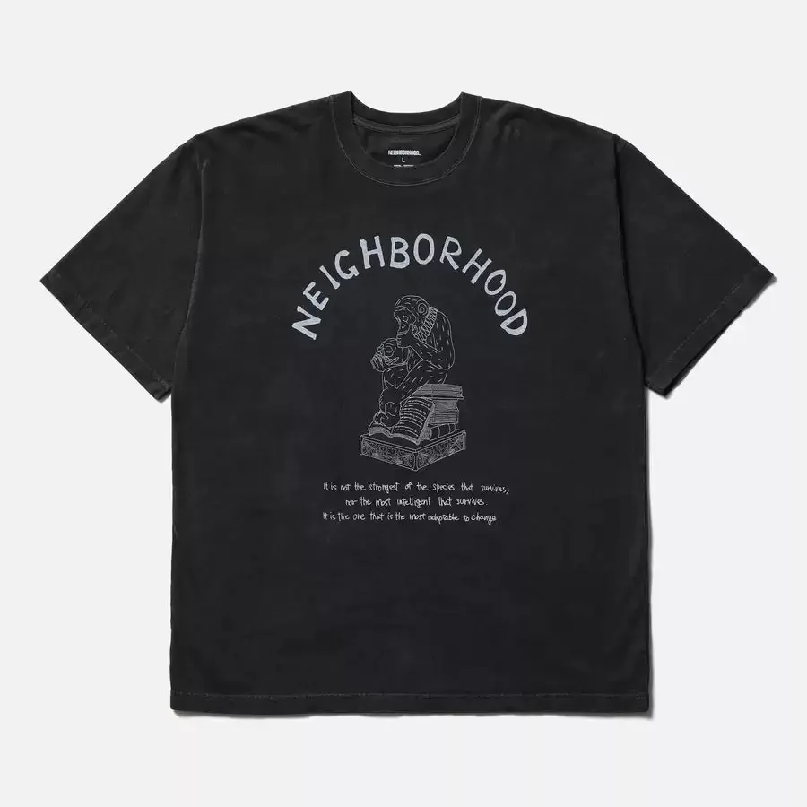 NEIGHBORHOOD Unisex Vintage Washed Cotton Tee, Arch Letter & Figure Graphic Print Casual Street Style Short Sleeve Top