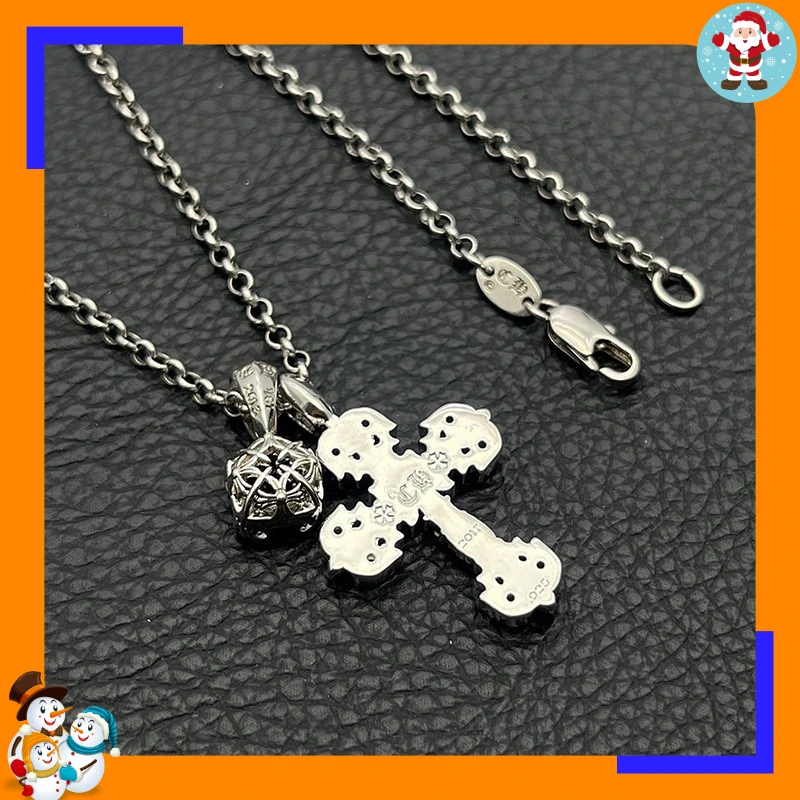 Premium White Gold Flame Cross Sugar Cube Diamond Double Pendant Necklace Personality Explosion Classic Trend