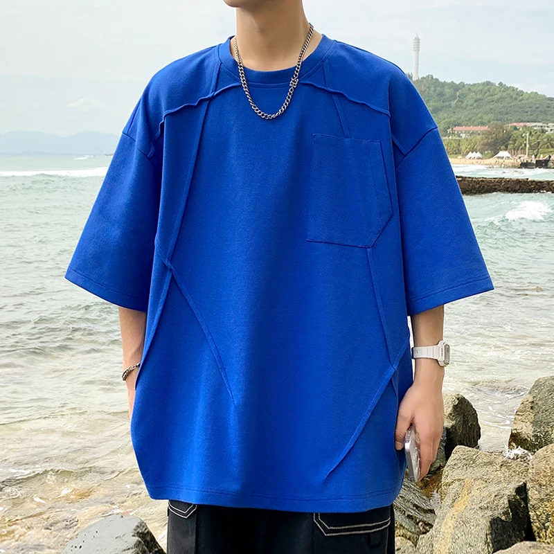 Solid Color Oversized T-shirt Men Chic Patchwork Summer New Short Sleeve Drop Shoulder Loose Casual Tops Tees Male Blue/White