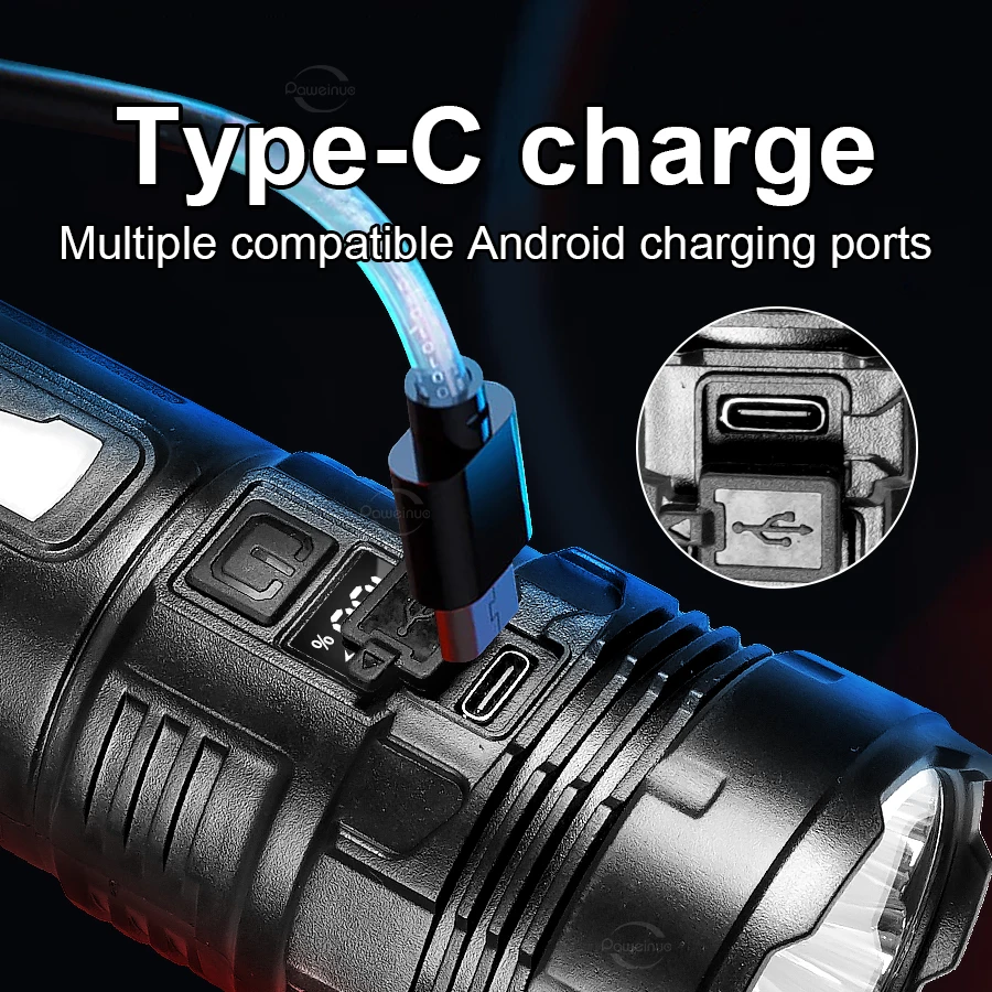 Ultra Bright Led Flashlight With Side Light 7 Led Type-C Rechargeable Tactical Torch Multifunctional Work Light Camping Lantern