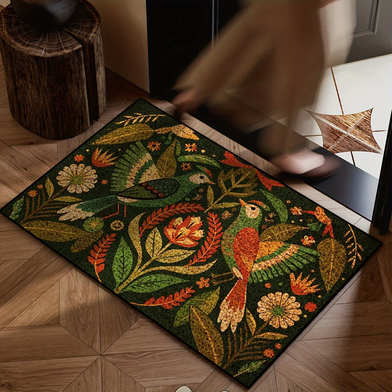 Tropical Birds & Plants Print Flannel Rug Non-Slip Absorbent Nature Style Entrance Mat for Front Door Kitchen Home Decor