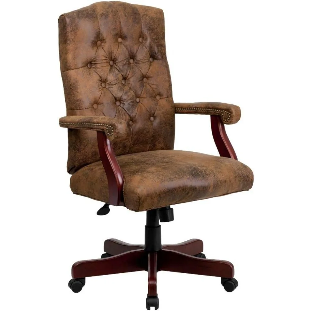 Ergonomic Farmhouse High-Back Desk Chair Traditional Microfiber Tufted Swivel Office Chair With Wood Base Computer Armchair