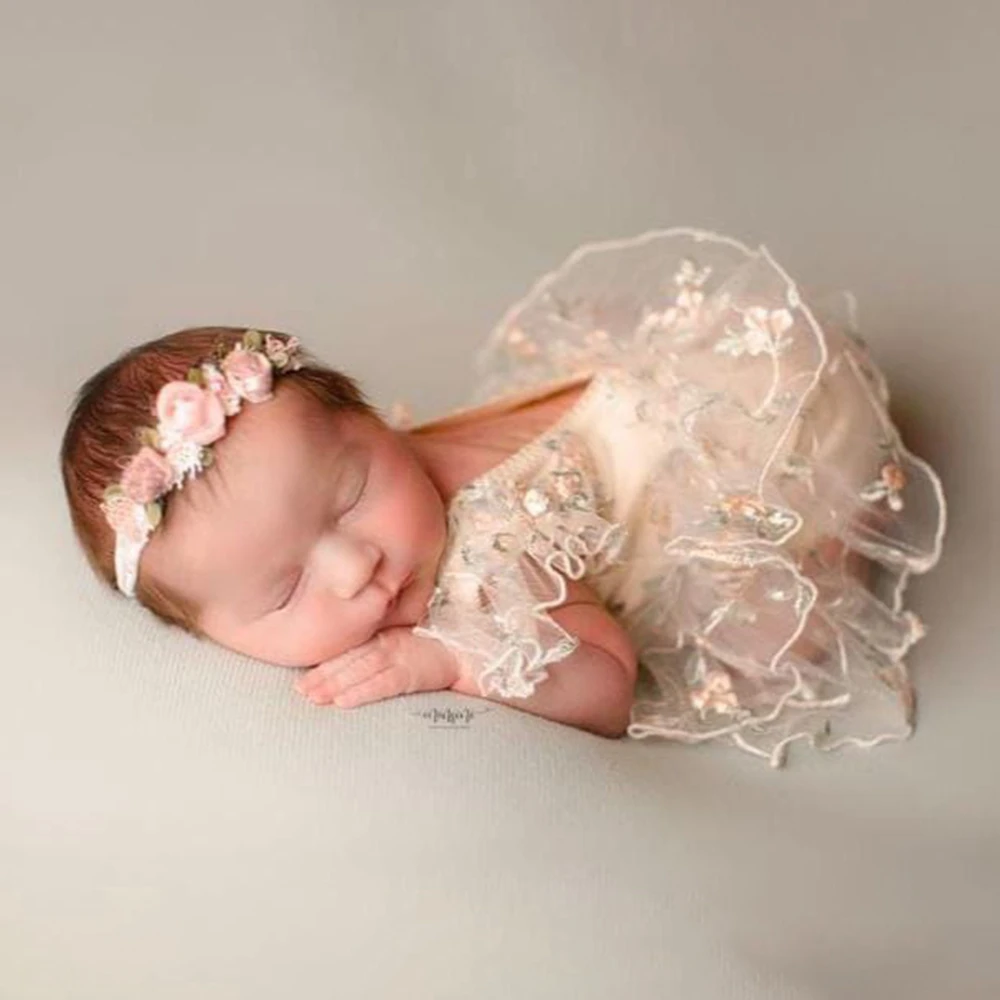 Newborn Baby Girl Floral Embroidered Tulle Tutu Dress with Matching Flower Headband Infant Photography Outfit Newborn Clothes
