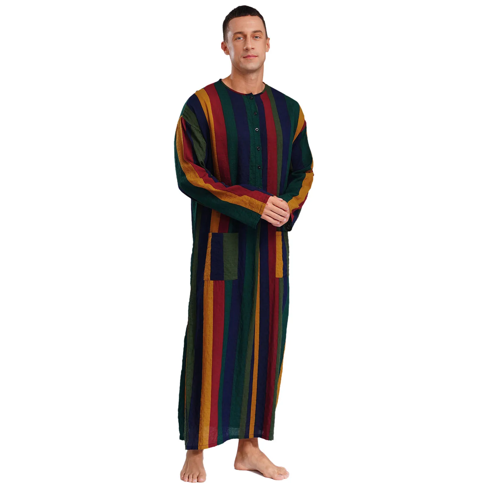 Men Islamic Muslim Thobe Round Neck Leisure Traditional Ethnic Middle East Dress Long Sleeve Stripe Long Gown Buttons Loose Gown