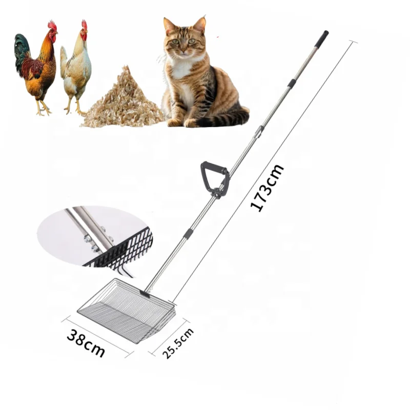 Large Chicken Coop Scooper with Ergonomic Grip Adjustable Long Handle Sifting Shovel Rake Stainless Steel Chicken Poop Scooper