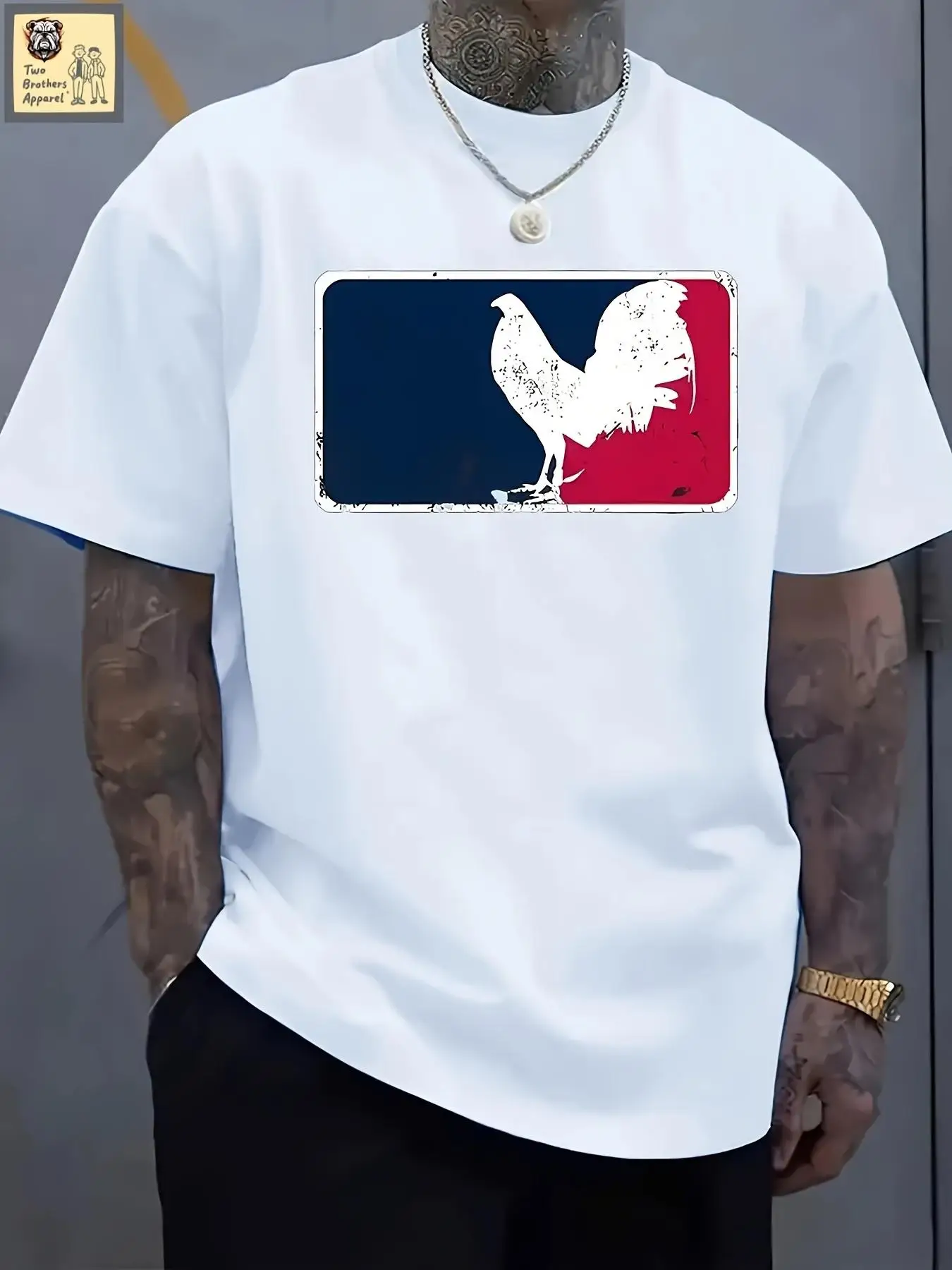 Men'S Casual Short Sleeve T-Shirt with Rooster Graphic And Blue And Red Stripes - White Crew Neck Summer Tee, Machine Washable Fabric, Everyday Comfort & Home Wear, Comfortable Striped Design, Breathable Material, Basic Street Style