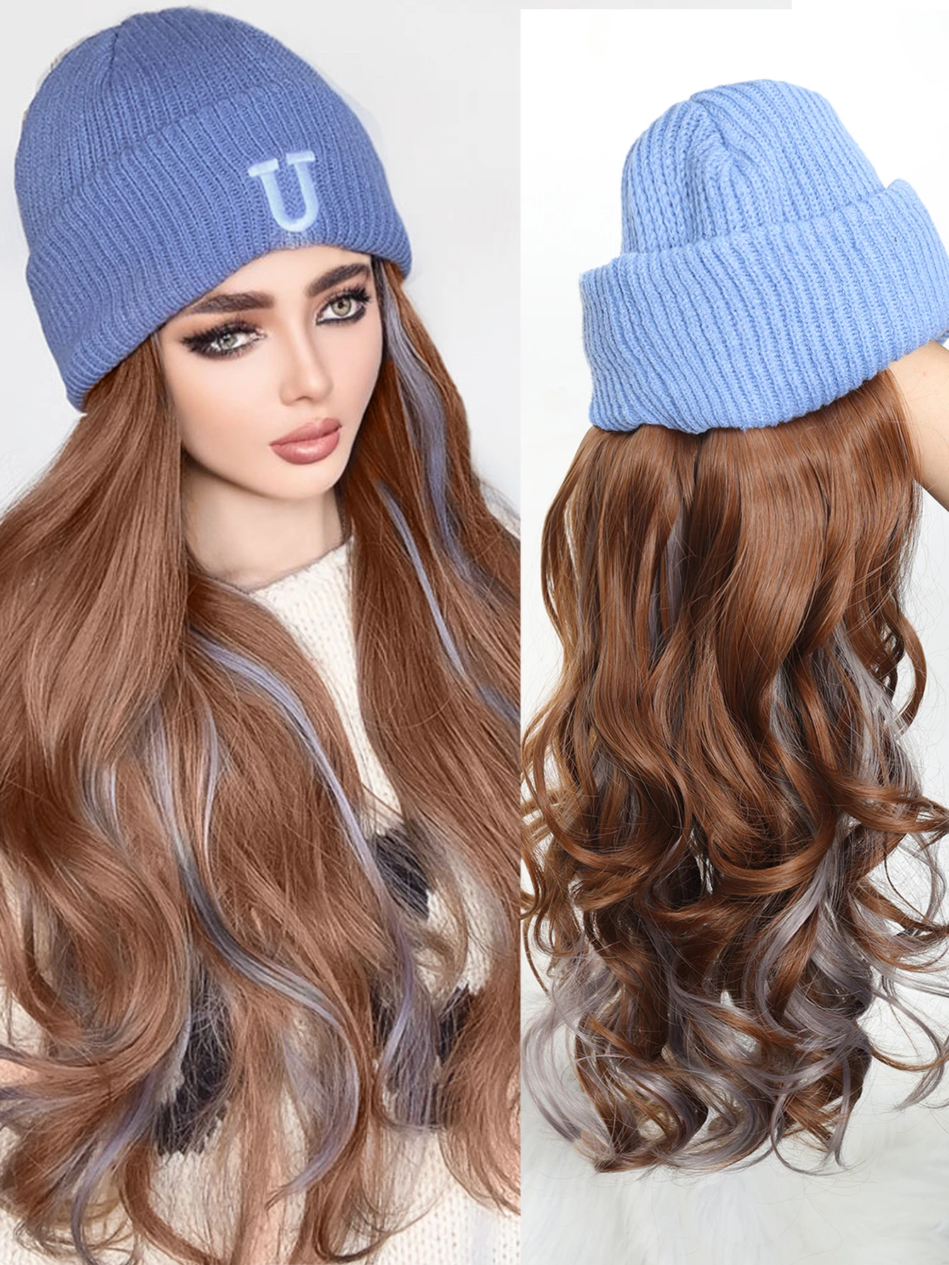 

Synthetic Hat Wig Beanies Hat With Hair Wigs For Women Long Wavy Hair Warm Soft Ski Knitted Autumn Winter Cap Heat Resistant Wig