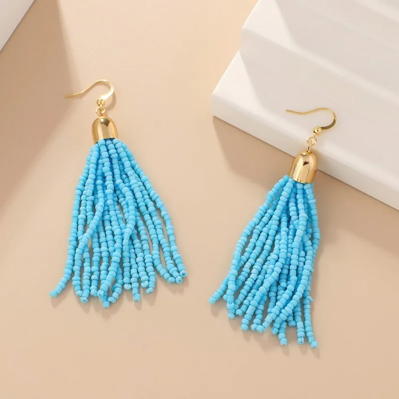 European and American Retro Ethnic Style Handmade Beaded Earrings Feminine and Versatile Bohemian Colorful Tassel Bead Jewelry