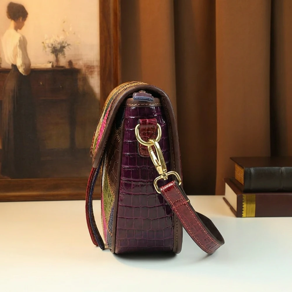 Genuine Leather Patchwork Crossbody Bag for Women Colorful Crocodile Snake Print Shoulder Bag Vintage Boho Ethnic Saddle Bag view 2