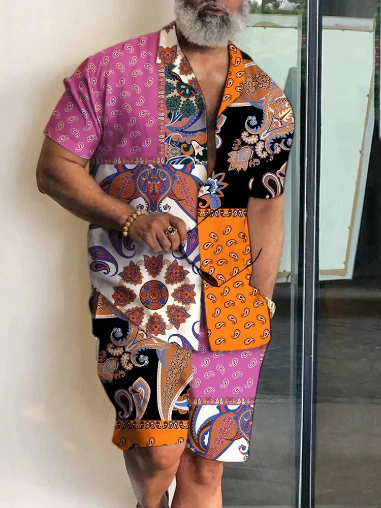 2025 Summer Baroque Luxury Men's Shirt Set Men's Hawaii Vacation Short Sleeve Shirts Suits Drawstring Shorts 2 Pcs Party Clothes