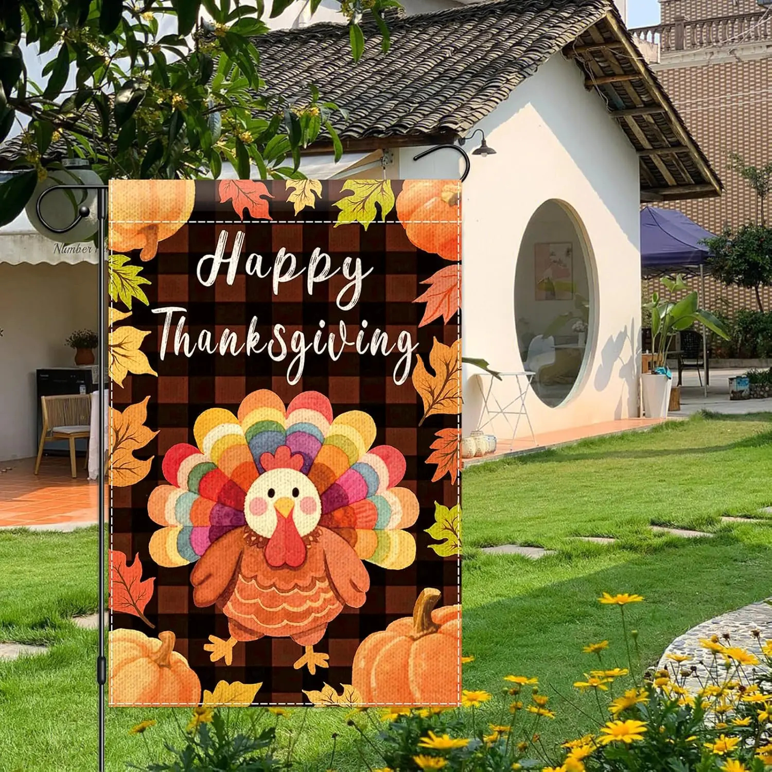 Happy Thanksgiving Garden Flag 12×18 Double Sided, Fall Pumpkins Turkey Yard Flags Outdoor Decorations, Small Seasonal Yard  LLG