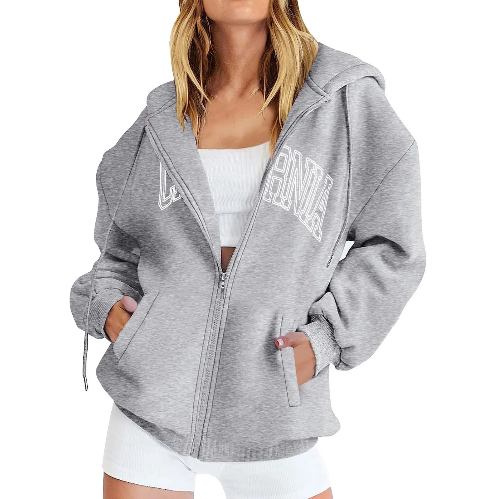 Womens Oversized Zip Up Letter Print Hoodies Sweatshirts Clothes Teen Girl Fall Casual Hoodies Zip Up hoodies Bluza Damska