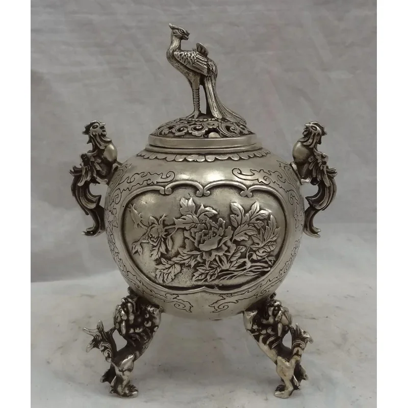 MOEHOMES Tibet Silver Bird Fly Peaco Head Statue Phoenix Lion family decorations metal handicraft Incense Burner Censer