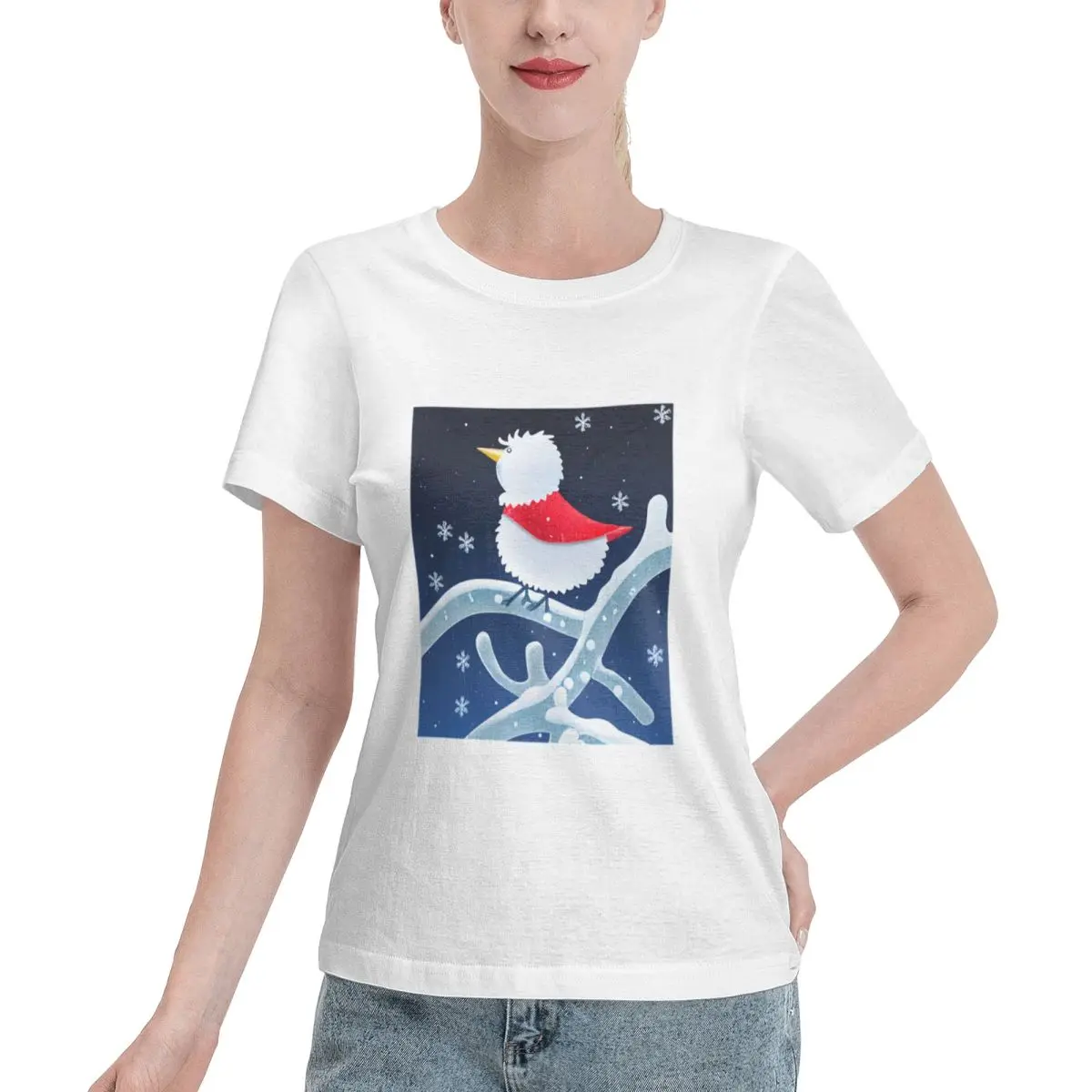 Durable Wear Christmas Bird Closeup On A Snowy Branch Women's T-shirt Breathable Wear Blank T Shirt