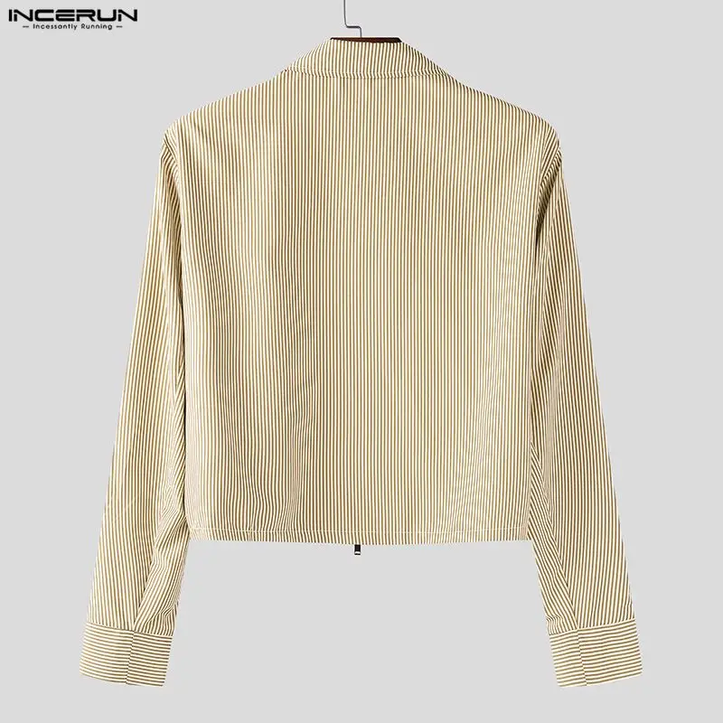 INCERUN الرجال قميص مخطط التلبيب سحاب أكمام طويلة عادية المحاصيل القمم الرجال الشارع الشهير فضفاض الكورية نمط موضة الرجال الملابس S-3XL