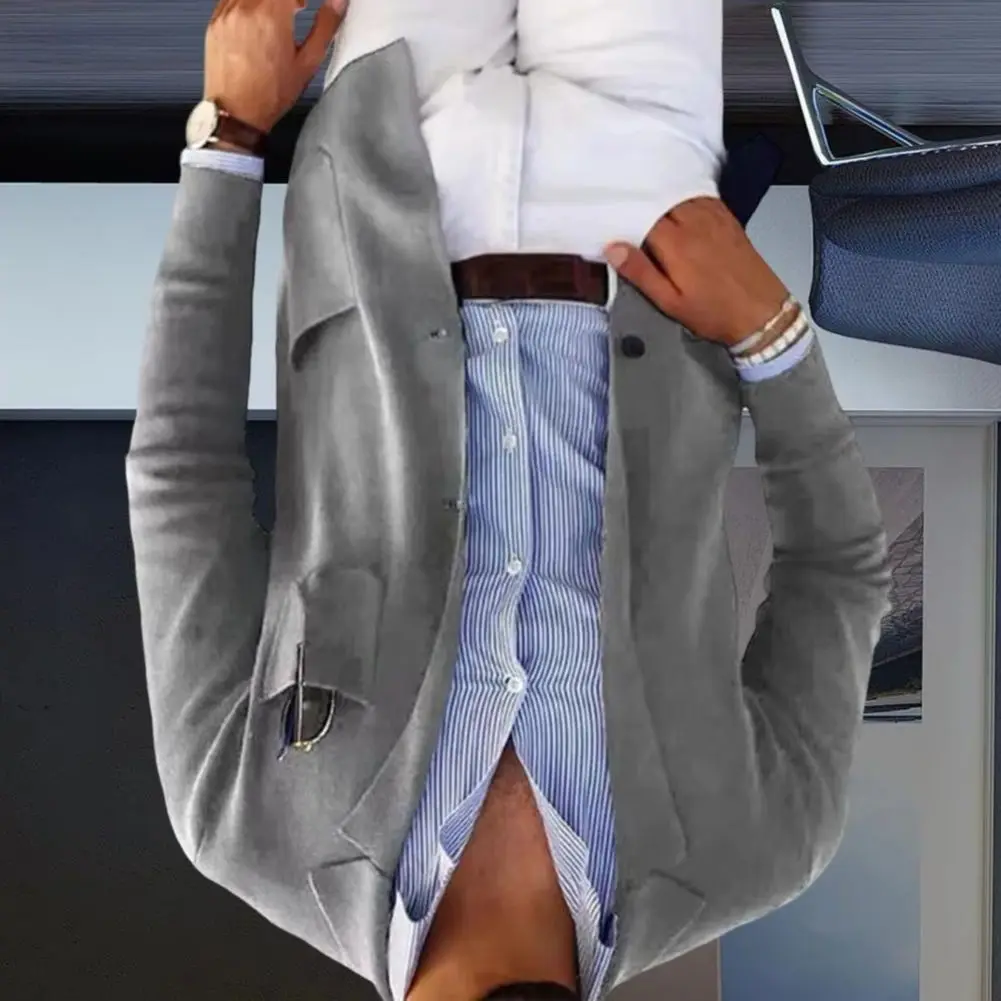 

Мужской пиджак, однотонный однобортный дизайн с лацканами и длинными рукавами, пиджак с карманами и открытой передней частью, деловой повседневный пиджак