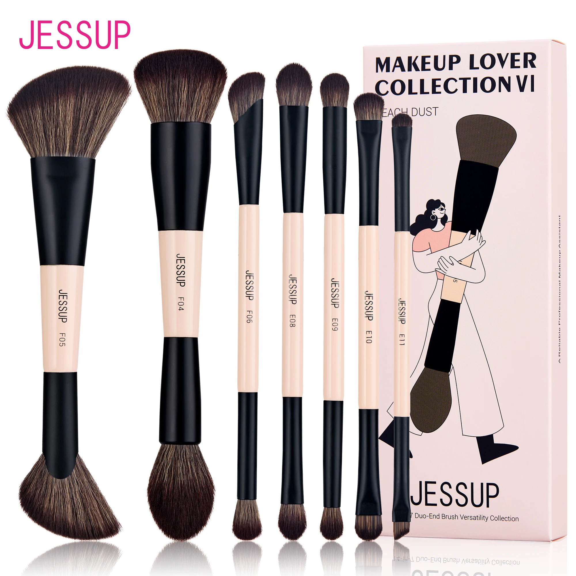 Jessup Makeup Brushes Set, 7pcs Double Sided Makeup Brush Foundation Eyeshadow Powder Blending,Cruelty-Free Peach Dust T600