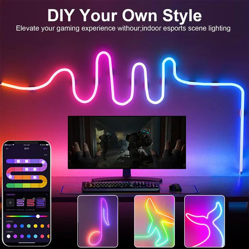 5V RGBIC Bluetooth Neon Led Strip Lights Waterproof Flex Ribbon Music Sync DIY Dreamcolor Chasing Strip for Home Decor Lighting