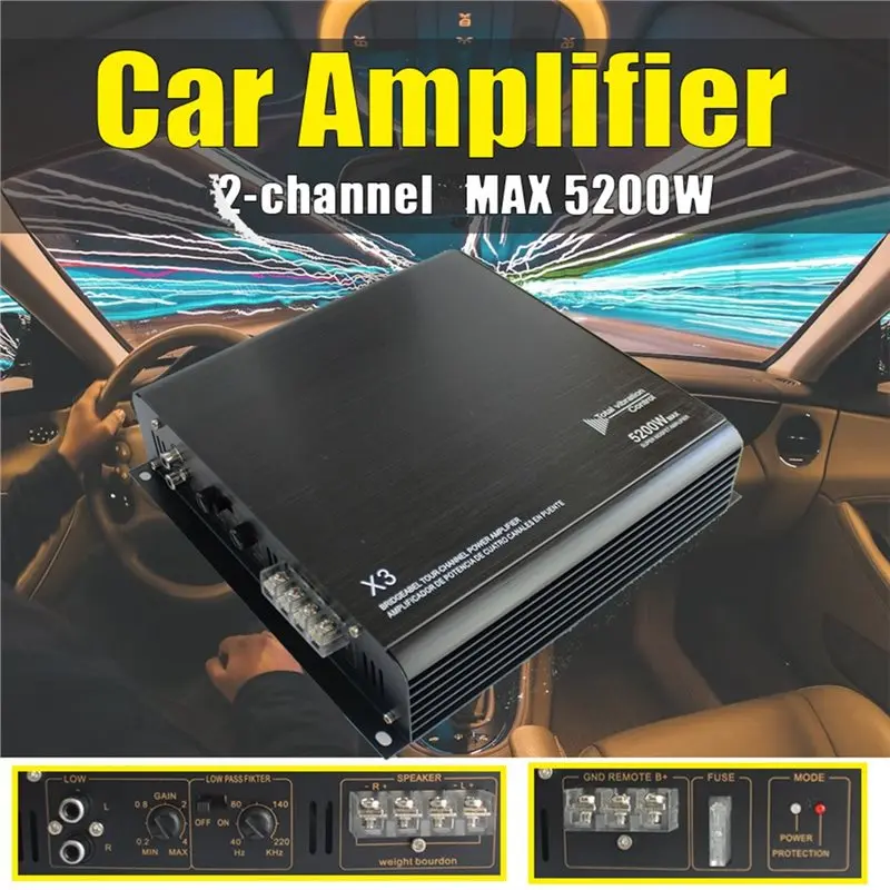 AAAEL-Amplificatore audio per auto Amplificatore di potenza in alluminio bidirezionale a 2 canali ad alta potenza da 5200 W per sistemi auto
