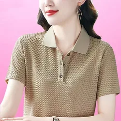 2024 Summer Women Foam Cotton Ling Ge Lapel Collar Solid Color Westernization Simplicity Polo Shirt Loose Breathable Casual Tops