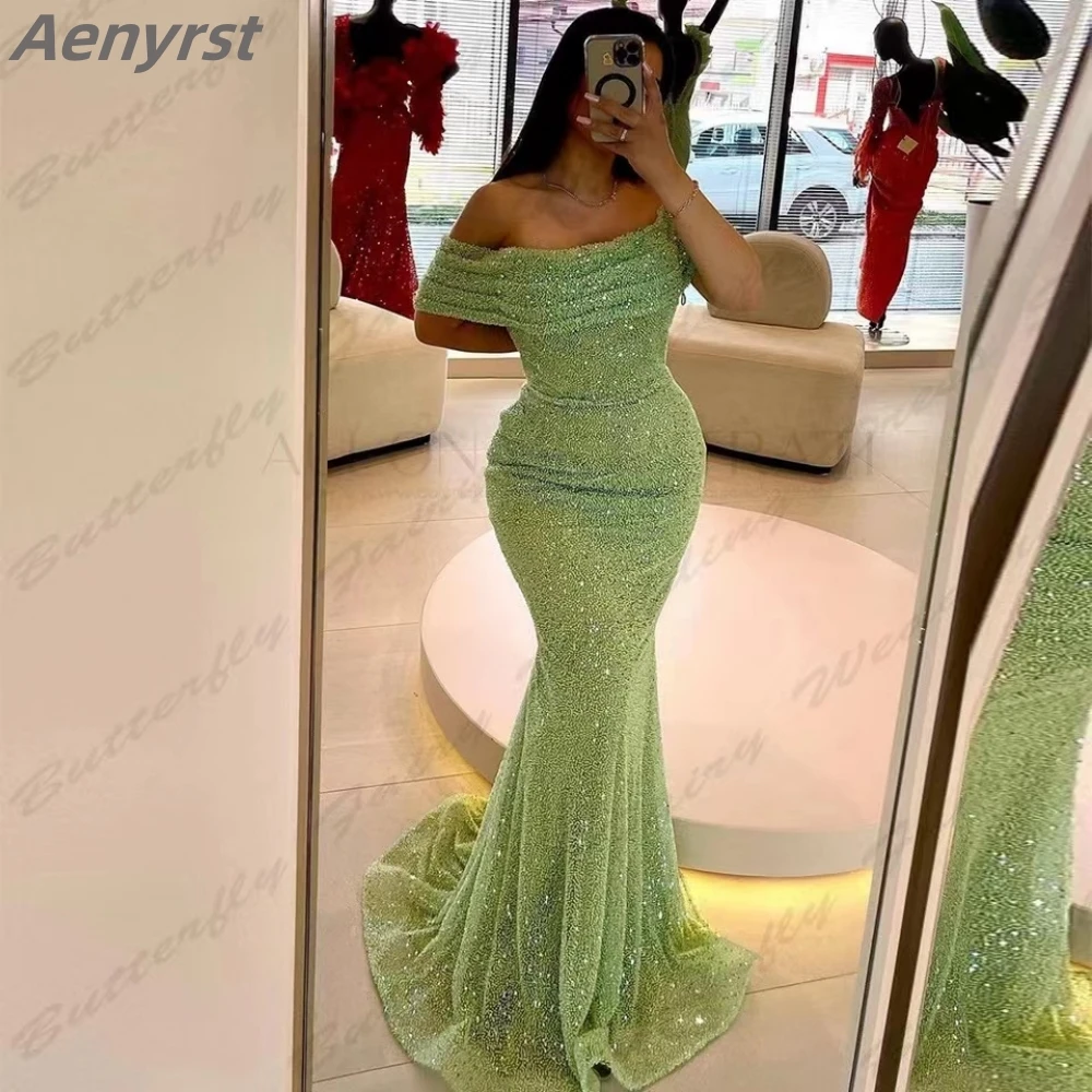 Luxury Green Mermaid Evening Dress Off The Shoulder Sequined Beaded Wedding Party Gown Ruched Long Prom Dresses Customized 2025