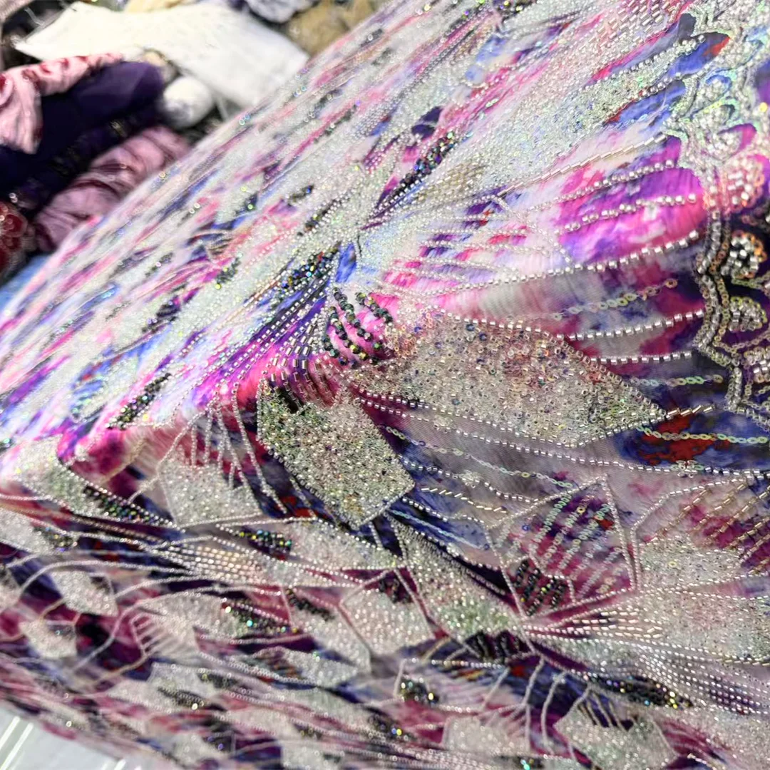 

African Multicolor Base Sequins Embroidered Lace Fabric High Quality Nigerian Tulle Mesh Material For Party Prom Dress Sewing