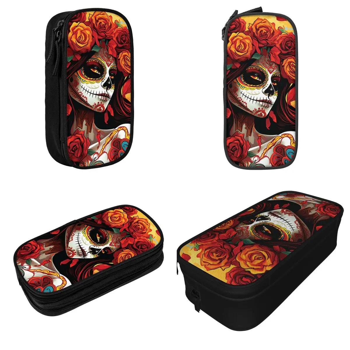 Cute La Catrina Calavera Day Of The Dead Halloween Pencil Cases Pencilcases Pen for Student Big Bag Office Zipper Stationery