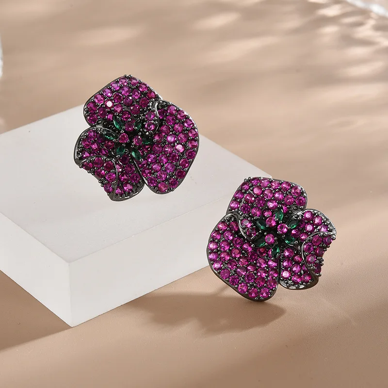FXLRY Luxury Cubic Zirconia Red And Purple Flower Stud Earrings For Women Wedding Party Earing Jewelry