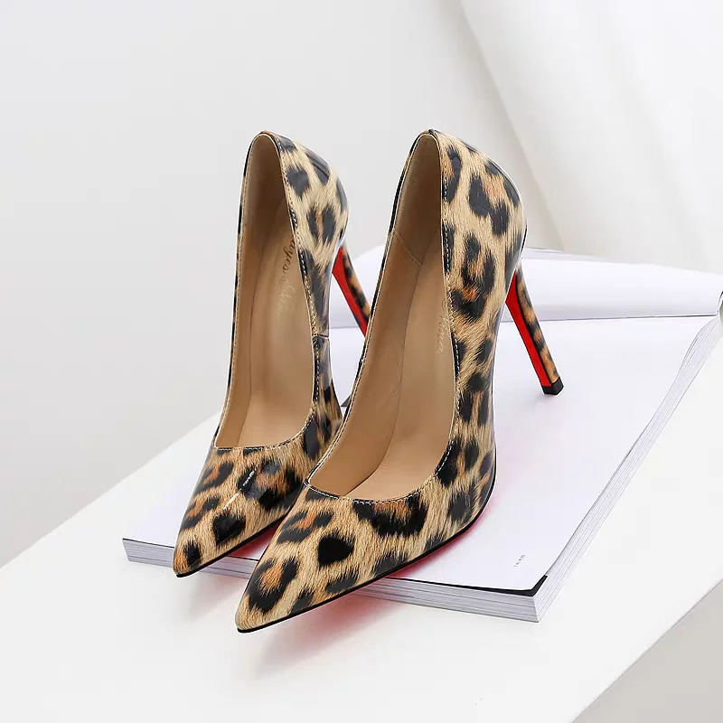 Spring New Red Sole High Heels Women\'s Thin Heels Shallow Mouth French Sexy Leopard Print Mesh Red Single 34-44