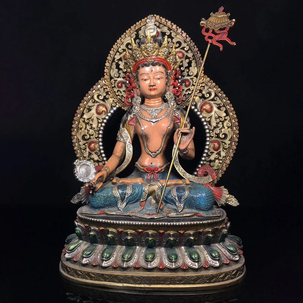 Copper Painted With Halo Sitatapatra White Umbrella Goddess Statue Serene Face Fine Workmanship Heavy Patina