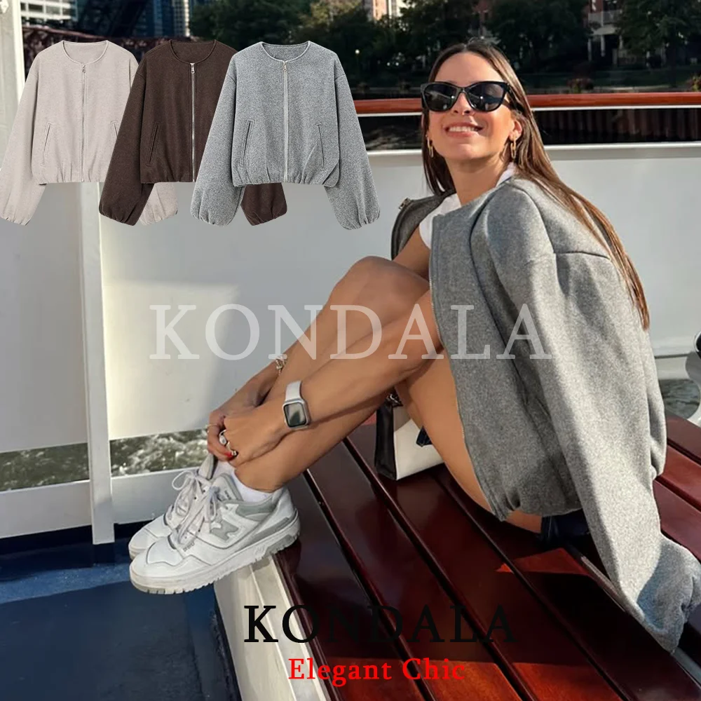

KONDALA Trendy Casual Zipper Jacket Women's High Street Minimalist O-Neck Jacket New 2026 Spring Fashion Versatile Lady Jacket
