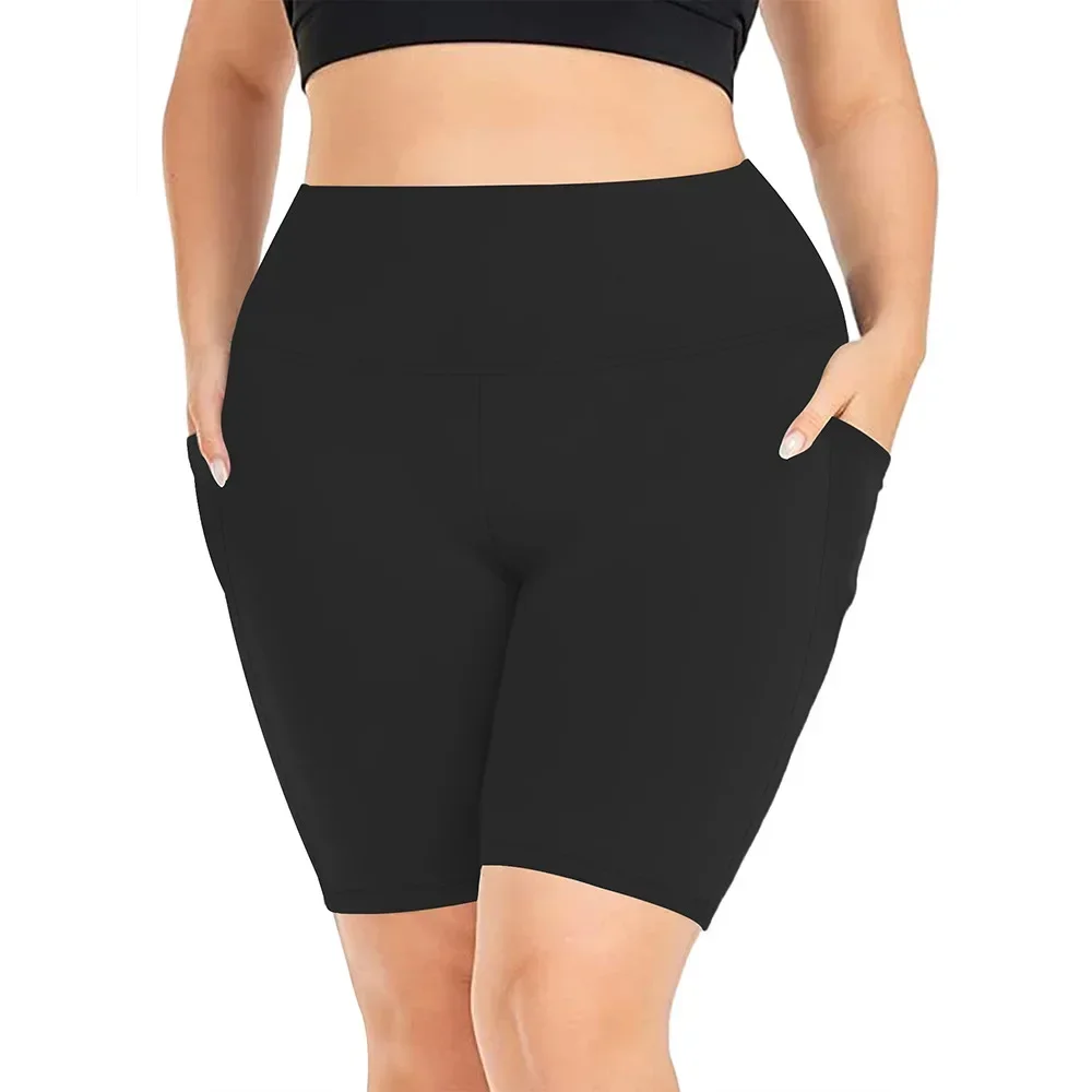 Damen-Yoga-Shorts mit hoher Taille, Übergröße, Workout-Leggings mit zwei Taschen, Stretch, europäischer Stil, Activewear für Fitnessstudio und Freizeit – Detail 5