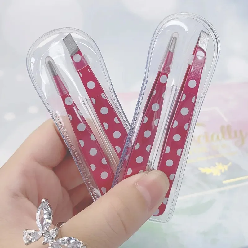 Ontharing Pincet Rvs Wenkbrauw Clips Mini Roze Stippen Schuine Platte Tip Punt Wenkbrauw Make-Up Beauty Tool Set