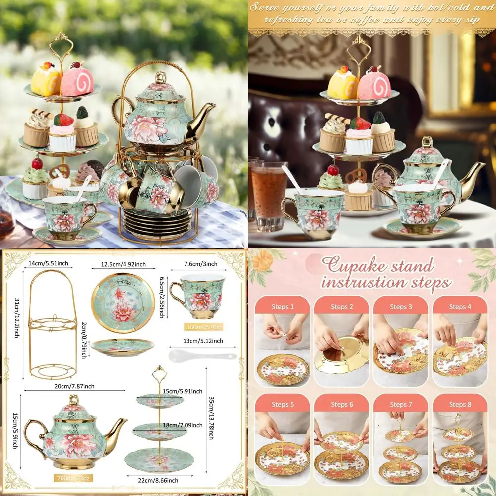 

Европейский цветочный набор для чаепития для взрослых с 3-уровневой керамической подставкой, металлическим держателем, фарфоровыми чашками, чайником для десертов и кексов