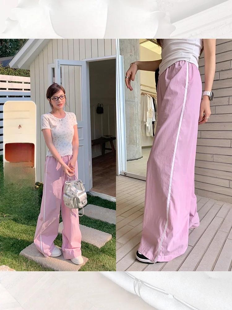 

Розовые свободные прямые спортивные повседневные брюки для женщин, длинные летние удобные дышащие эластичные брюки с эластичным поясом