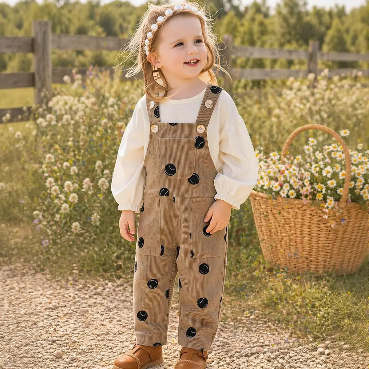 Spring/Autumn Baby Korean Ins Style Corduroy Jumpsuit Overalls, Vintage Tennis Ball Print Rollable Cuff Outdoor Toddler Trousers
