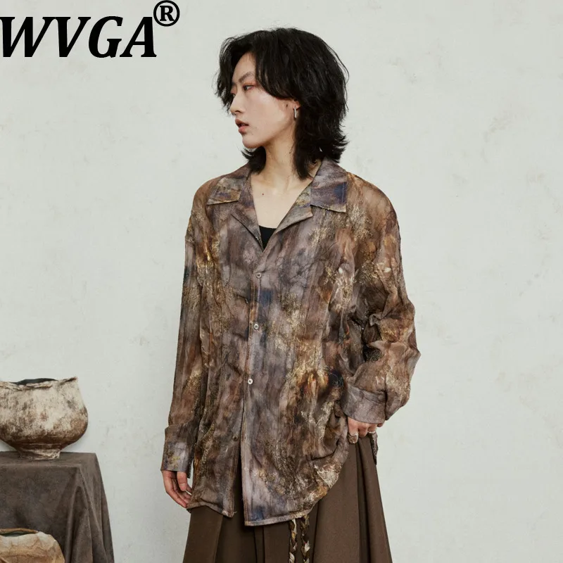 WVGA Spring Autumn New Men Vintage Tie-Dye Long Sleeved Shirt Loose Artistic Distressed Trendy Niche Chic Casual Tops Ins W27326