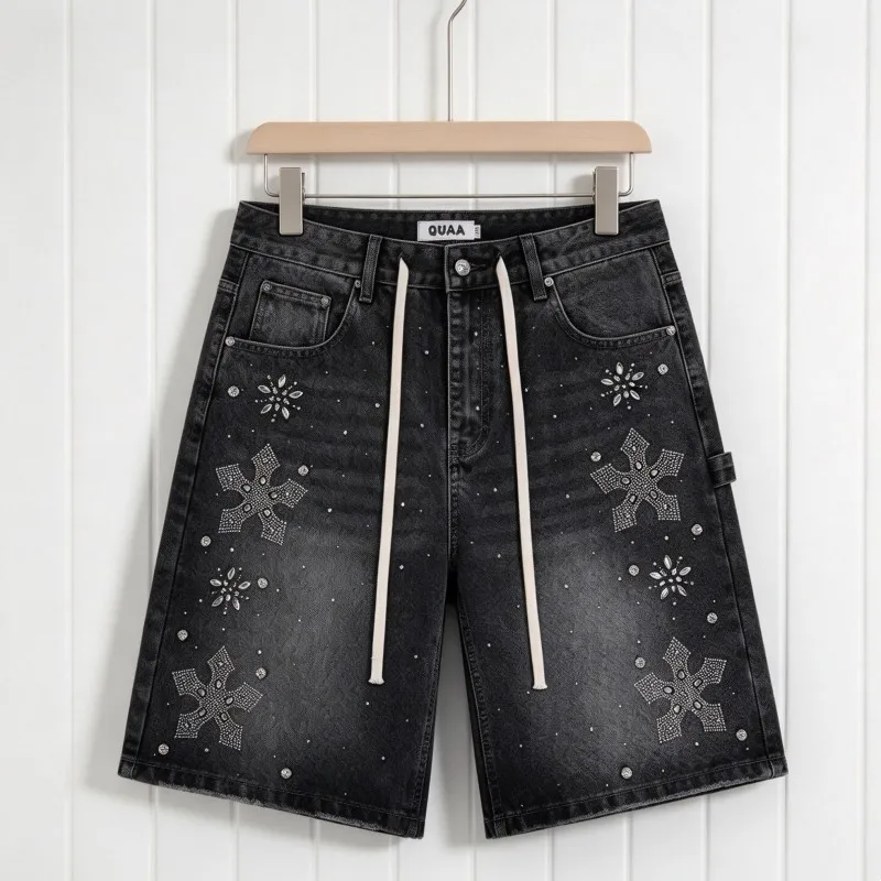 Snowflake Rhinestone Washed Denim DUAA Shorts Retro Washed Gradient Cutting Edge Curve Embroidery Zipper Button Short Pants