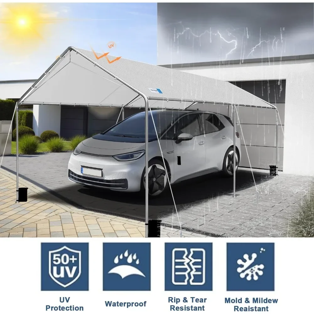 Heavy Duty Carport, Waterproof & UV Protected Garage Top Tarp Shelter Cover with Reinforced Steel Cables