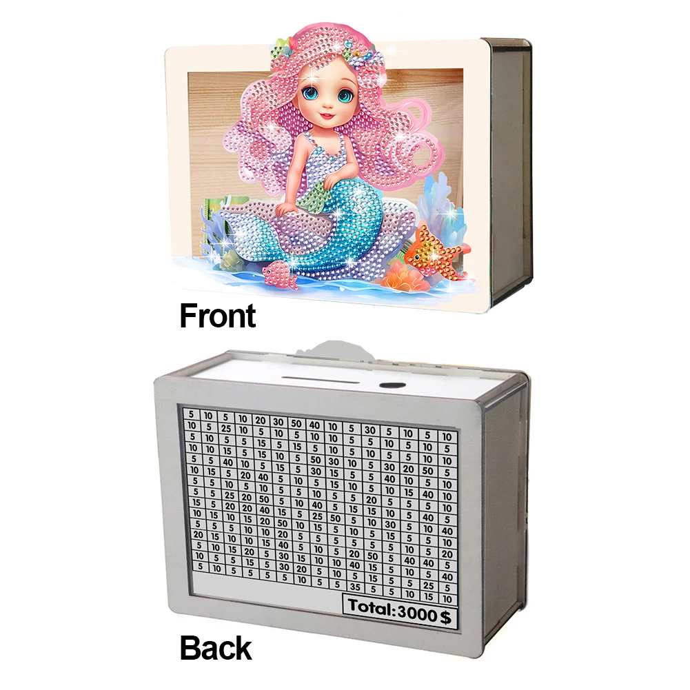 Wooden Mermaid Diamond Painting Money Saving Box Rhinestones Desktop Ornaments DIY Money Storage Box Diamond Art Decors for Kids