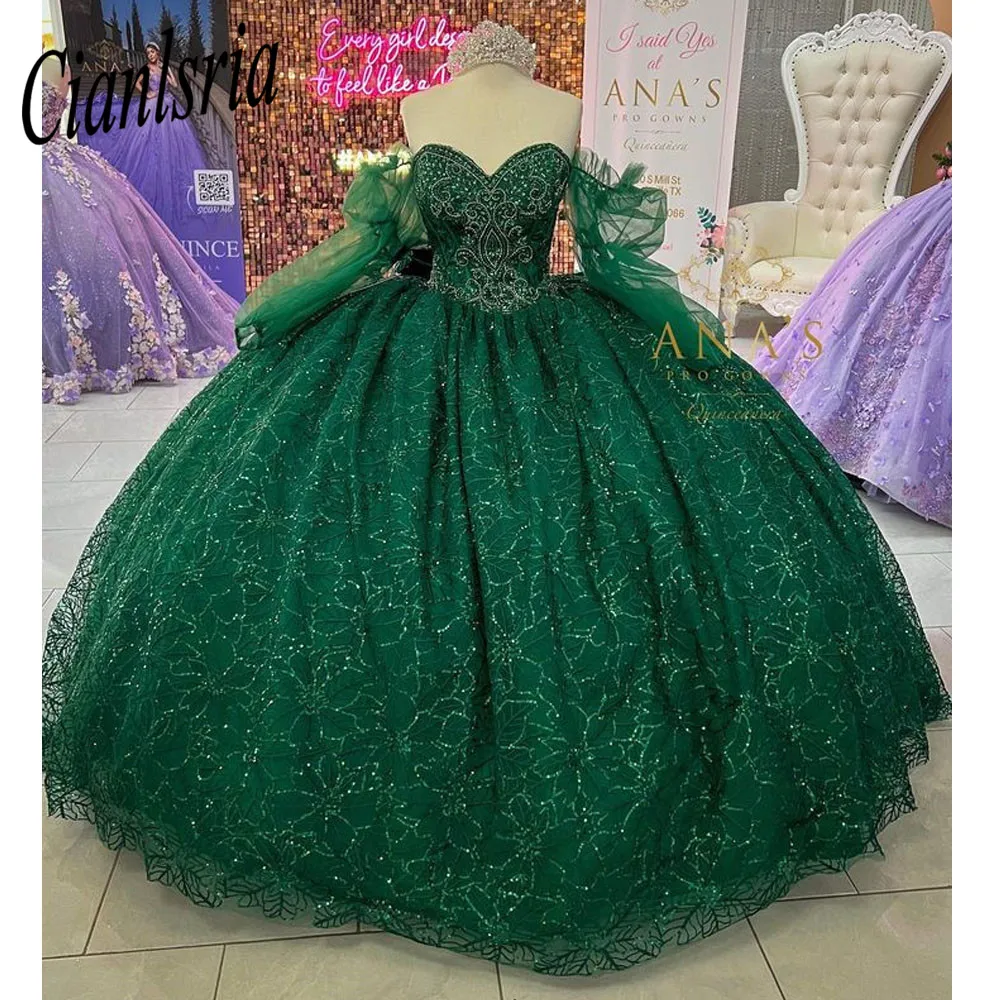 Fora do vestido de baile, vestidos Quinceanera frisados, vestidos de festa com renda, vestido Sweet 16, verde, 15 anos, 2023